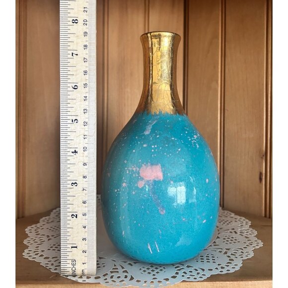 Vintage Unique Turquoise & Gold Crackle Ceramic Vase Pink Drip Accents Flower - Picture 2 of 8